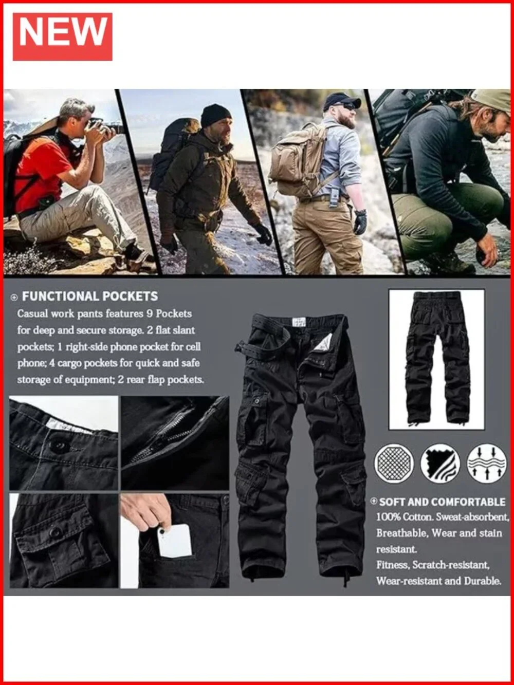 Men's Cargo Pants Multi Pockets Cotton Relaxed Fit Work Pants